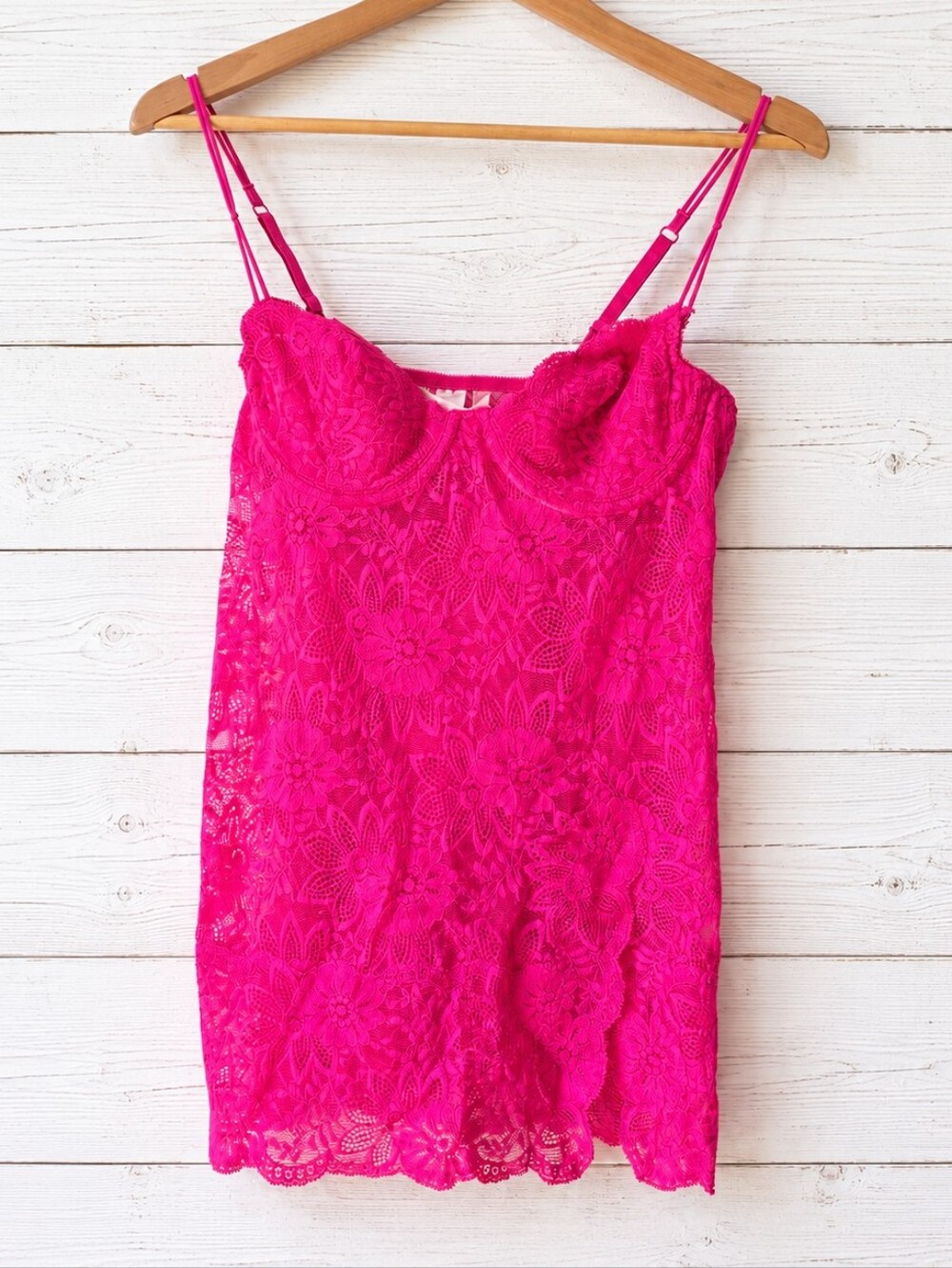 Vintage Victoria's Secret Hot Pink Lace Slip Chemise Size 36B